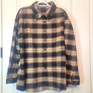 FLANNEL Men XL long sleeve plaid shirt black tans preowned SHEIN